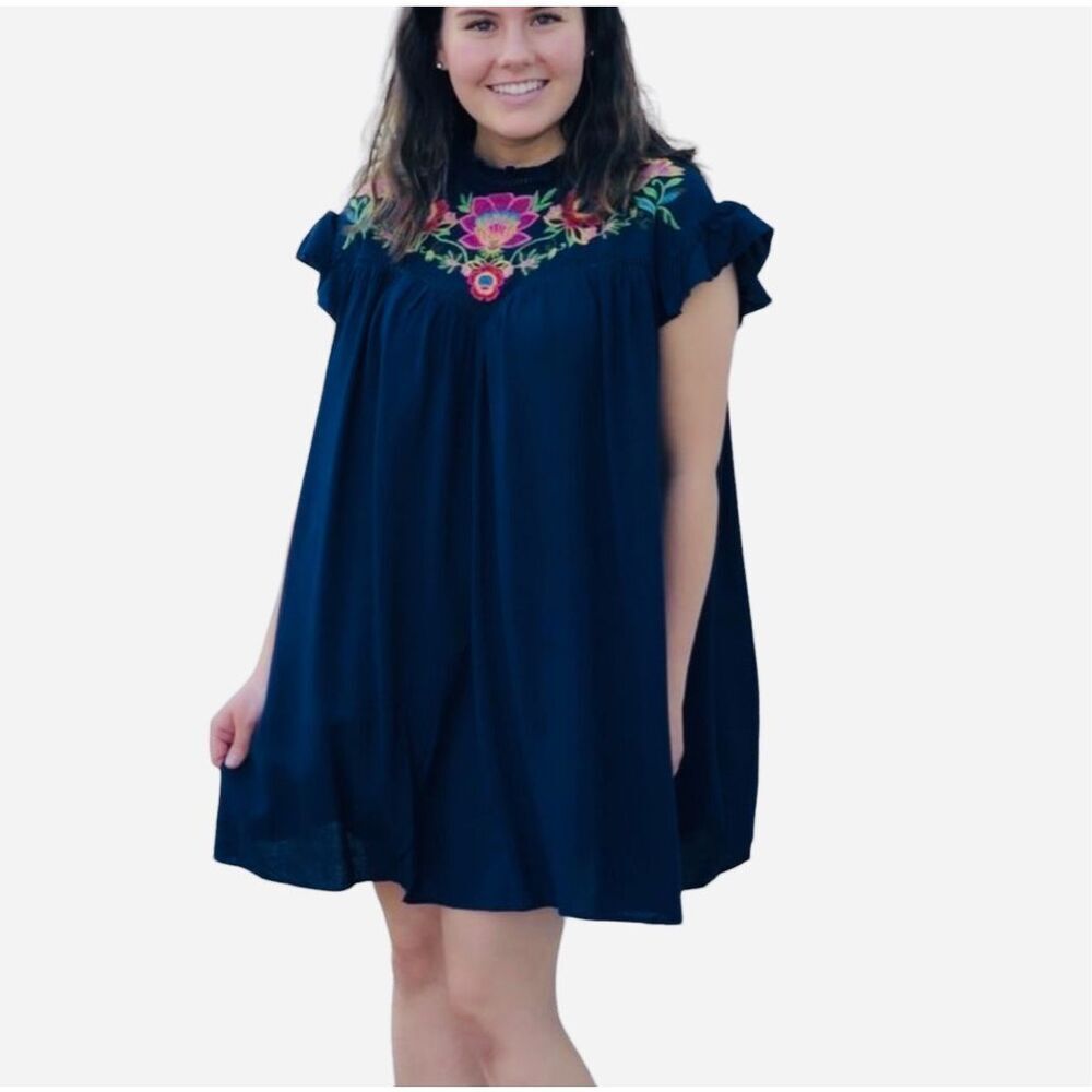 Womens Umgee Boutique Georgette Floral Embroidered Babydoll Dress - Sz M